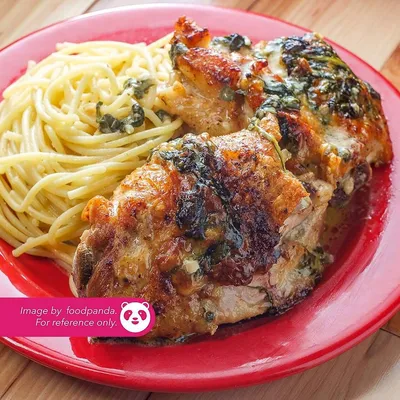 PT02. Spaghetti Carbonara with Fried Chicken - Village Grill Menu