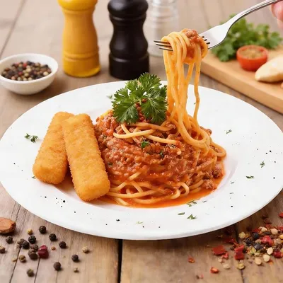 Spaghetti Bolognese with Golden Fish Fingers 🍝🐟✨ - US Pizza Penang Menu