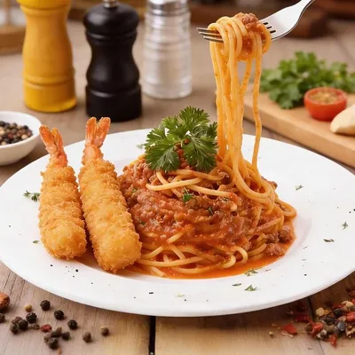 Spaghetti Bolognese with Golden Tempura Shrimp 🍝 - US Pizza Penang Menu