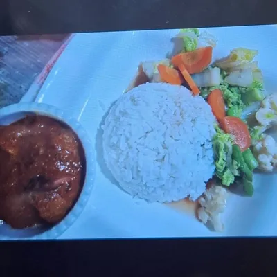 White Rice + Stir Fried Mix Vege + Vege Mutton Rendang - Saiva Kitchens Menu