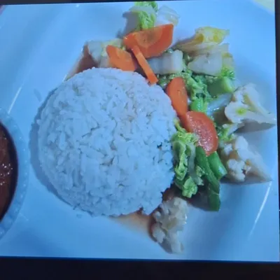 white rice stir fried mix vege vegetarian fish sambal - Saiva Kitchens Menu