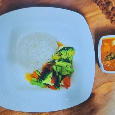 White Rice + Stir Fried Mixed Vege + Tofu & Tempeh Masala - Saiva Kitchens Menu