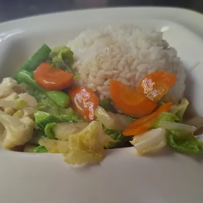 White Rice + Stir Fried Mixed Vegetables  + Vege Chicken Masala - Saiva Kitchens Menu