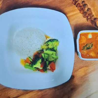 White Rice + Stir Fried Mixed  Vegetables + Vege Mutton Masala - Saiva Kitchens Menu