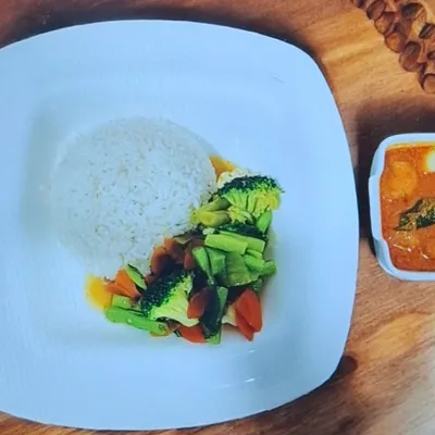 white rice stir fried mixed vegetables vegetable curry - Saiva Kitchens Menu